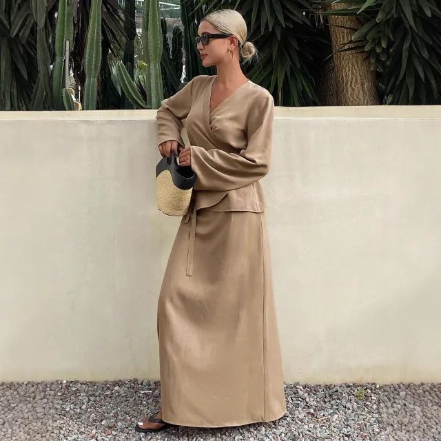 New Women's Casual Asymmetrical Lace up Skirt Suit Khaki - Shop at LoveMi