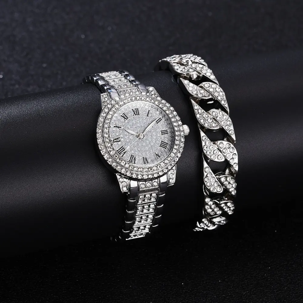 Full Diamond Roman Literal Steel Watch Bracelet Set
