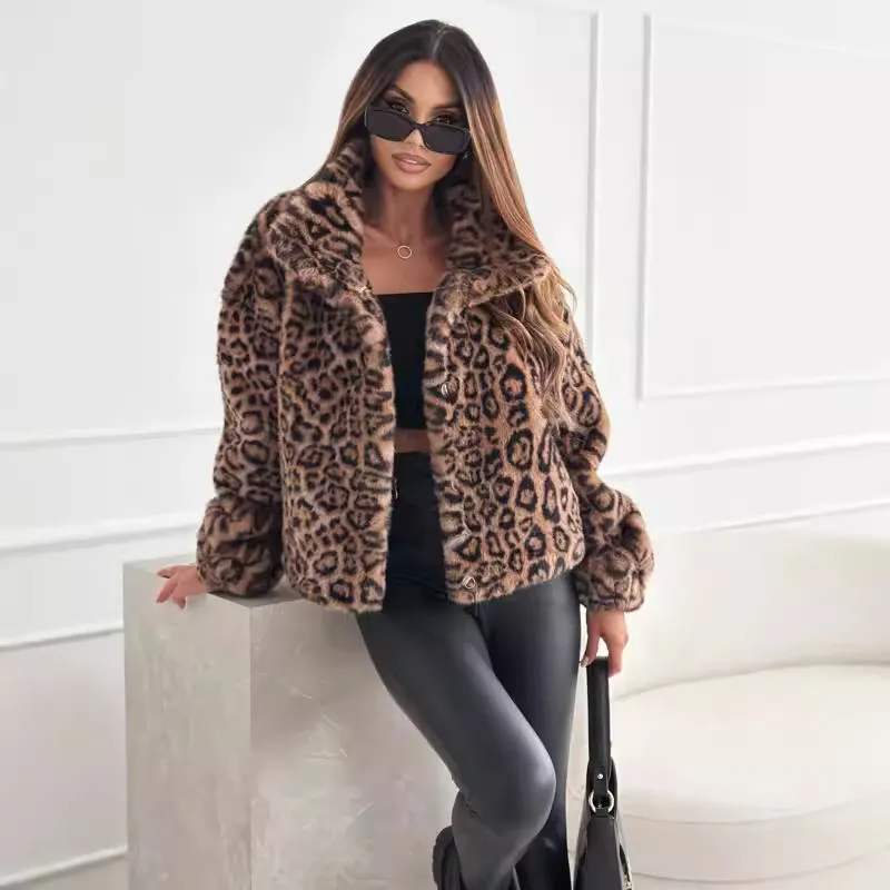 Fashion Personality New Autumn And Winter Fur Leopard Print Lapel Short Coat - Leopard Print