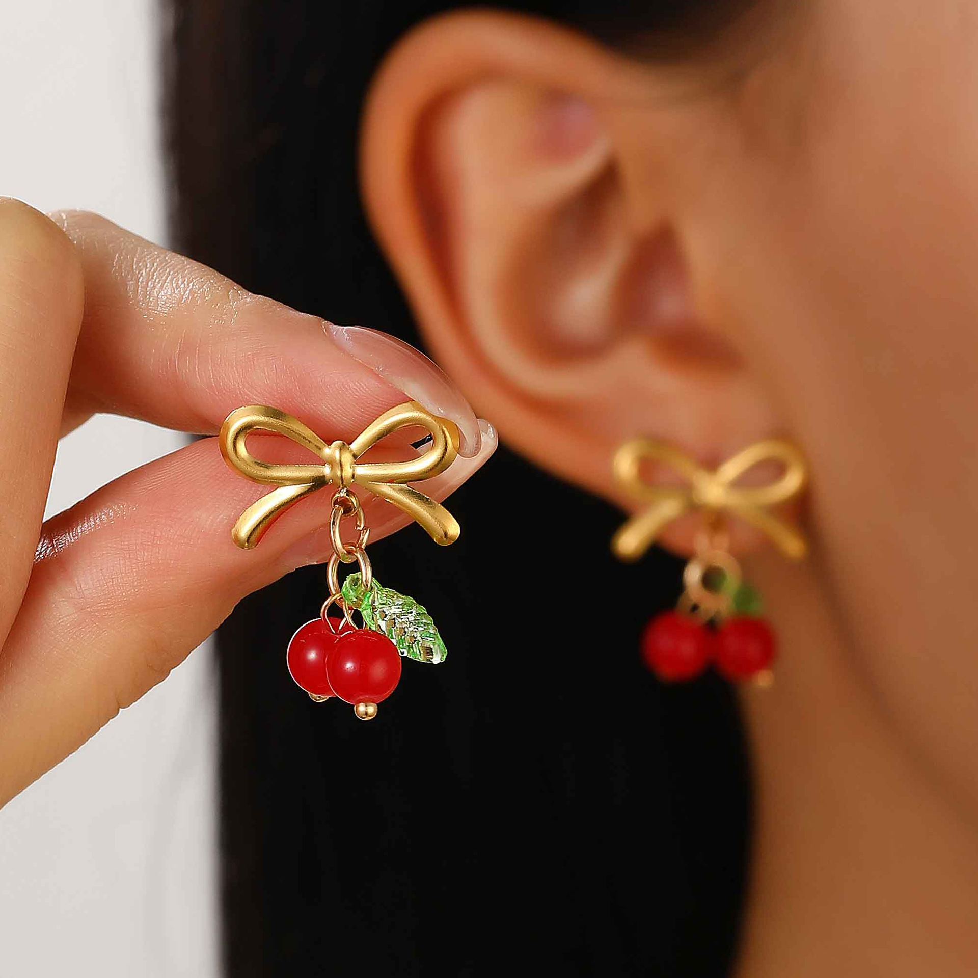 Color Round Beads Bow Cherry Earrings