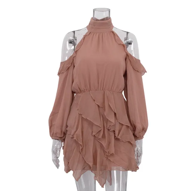Elegant Chiffon Halterneck Off shoulder Long sleeve High waisted A line Dress Pink - Shop at LoveMi