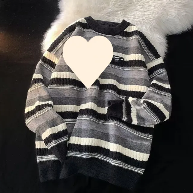 Long Sleeve Pullover Round Neck Men's Casual Striped Loose Sweater Gray - Shop at LoveMi