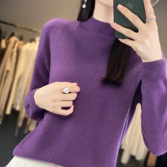 Turtleneck Pullover Women's Solid Color Loose Bottoming Sweater Dark Purple - Shop at LoveMi