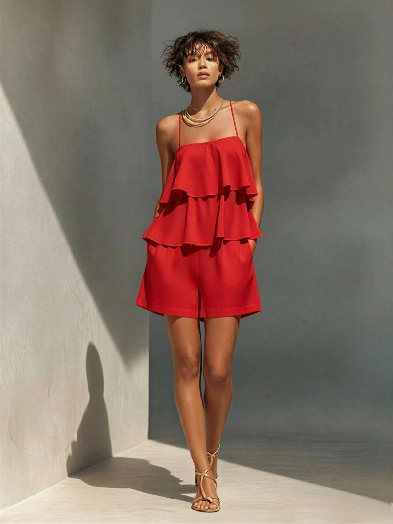 Women's Ruffle Set in Green – Full Outfit Close-Up