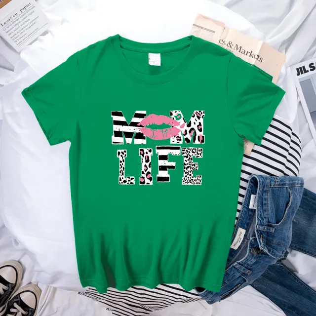 Mother's Day MOM LIFE Leopard Print Lip Printings Round Neck Short Sleeve T shirt Grass Green - Shop at LoveMi
