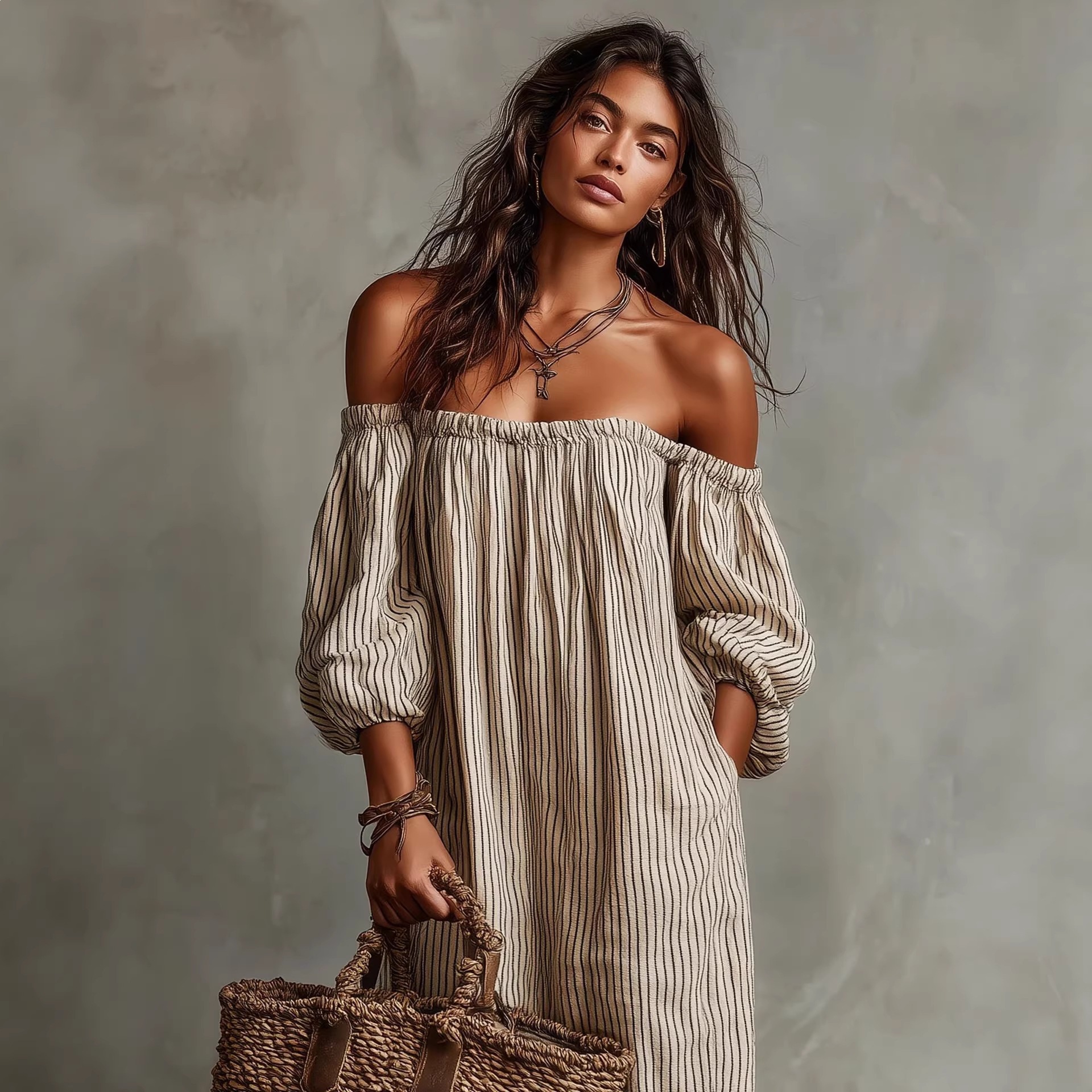 Women's striped off-shoulder dress with puff sleeves, side view