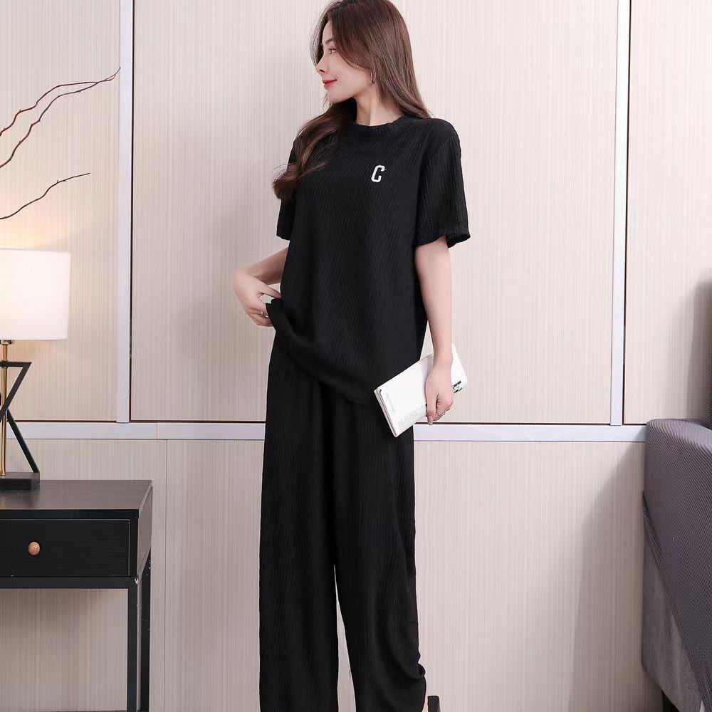Women's Spring And Summer Letters Thin Embroidery Homewear Suit Black - Shop at LoveMi