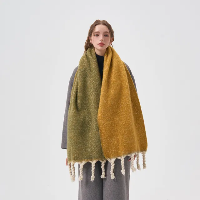Hand knotted Tassel Double sided Solid Color Plush Scarf Yellow Green - Shop at LoveMi
