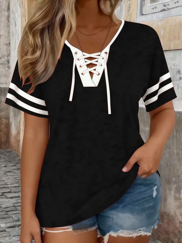 Color Block Half Sleeve V Neck Plus Size Womens T Shirt Black - Shop at LoveMi