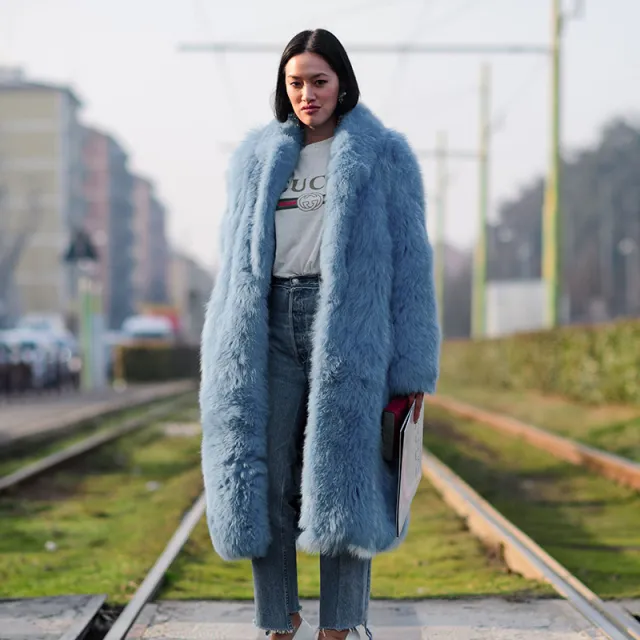 Autumn And Winter Thickening Imitation Fur Lapel Wool Coat Women Blue - Shop at LoveMi