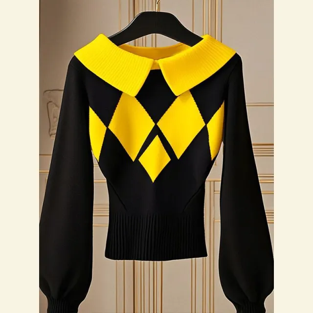 European Goods Western Style Unique Chic Niche Idle Style Black Diamond Plaid Sweater Yellow - Shop at LoveMi
