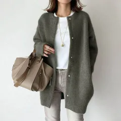 Loose Round Neck Single Breasted Cardigan Fashion Solid Colour Coat Jacket Autumn And Winter Women's Clothing - Olive - View 1