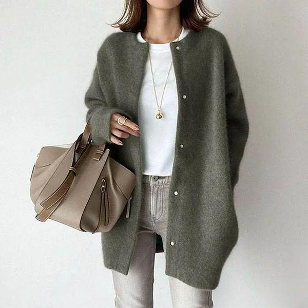 Loose Round Neck Single Breasted Cardigan Fashion Solid Color Coat Jacket Autumn And Winter Women's Clothing Olive - Shop at LoveMi