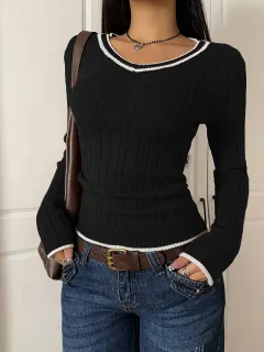 Colour-block Casual Sweater Slim-fit V-neck Pullover Knit Top - Black - View 1
