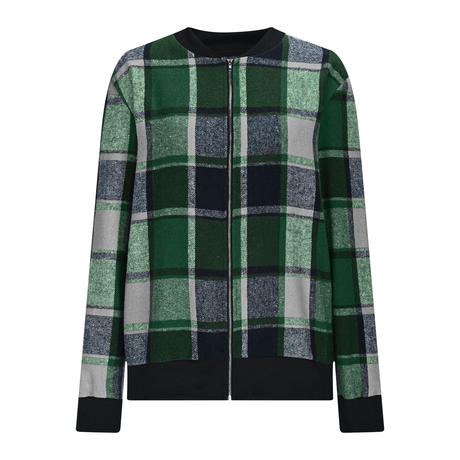 Womens Plaid Printed Long-Sleeve Zip-Up Jacket