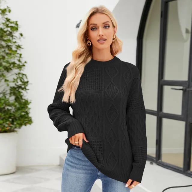 Casual Round neck Pullover Sweater Fall Winter Solid Color Cable knot Pattern Tops Women Clothing Black - Shop at LoveMi