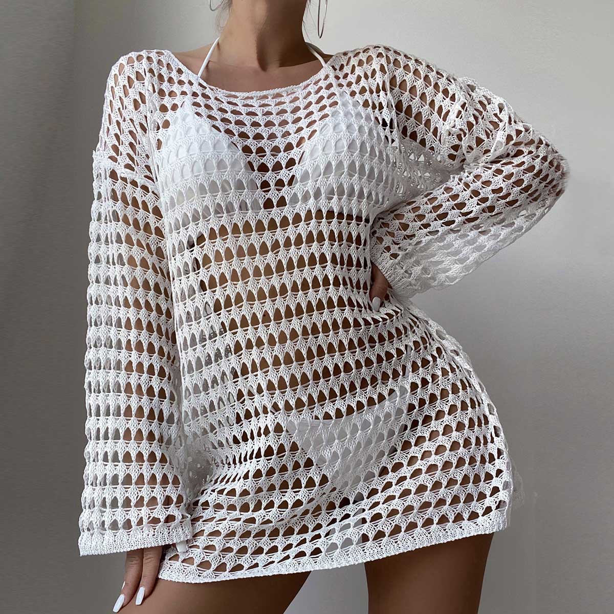 Sexy Knit Hollow Round Neck Beach Dress Women White - Shop at LoveMi