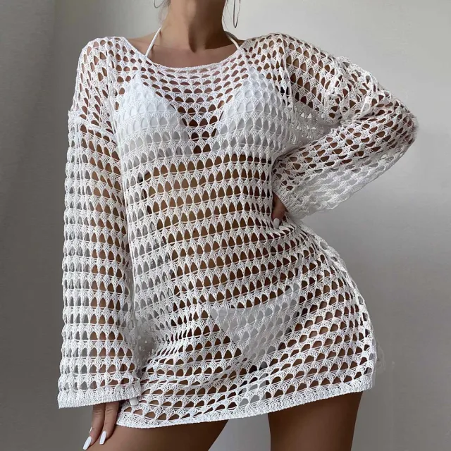 Sexy Knit Hollow Round Neck Beach Dress Women White - Shop at LoveMi