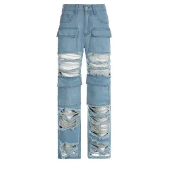 Women's High Waist Zipper Straight Ripped Jeans - Blue - View 1