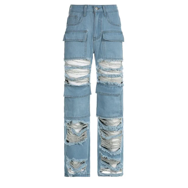 Women's High Waist Zipper Straight Ripped Jeans Blue - Shop at LoveMi