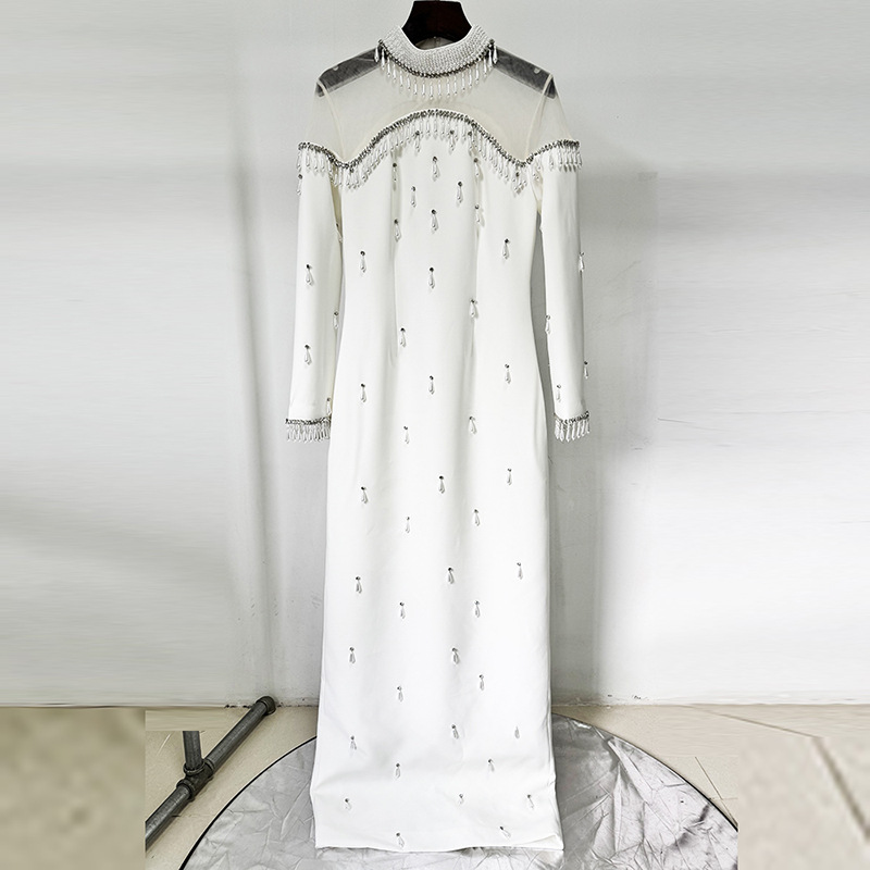 Heavy-duty Pearl Bead And Diamond-embellished Mesh-panel Long Dress