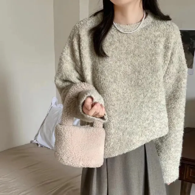 Knitted Pullover Sweater Women's Wide Round Neck Long Sleeve Sweater Apricot - Shop at LoveMi
