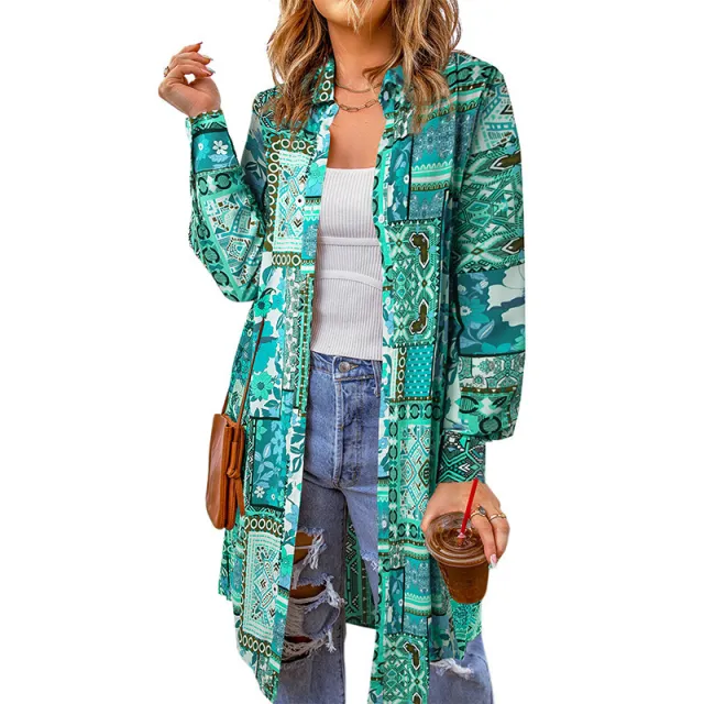 Bohemian Shirt Lapel Loose Casual Printed Long Cardigan Green - Shop at LoveMi