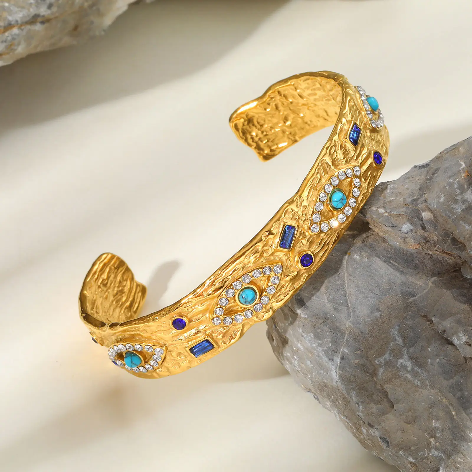 Stainless Steel Zircon Turquoise Eye Open Bracelet