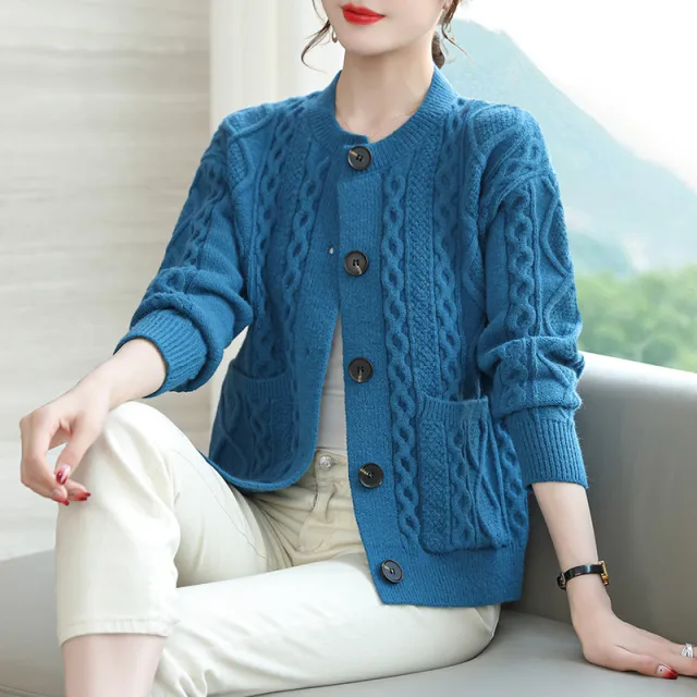 Cable knit Sweater Cardigan For Women Outer Match Short Autumn And Winter Lake Blue - Shop at LoveMi