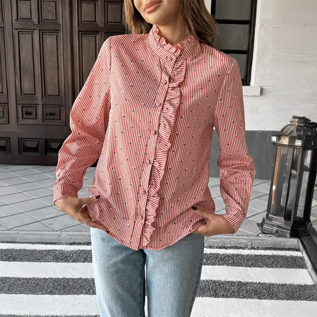 Holiday Casual Striped Stringy Selvedge Shirt Women's Clothing Red - Shop at LoveMi