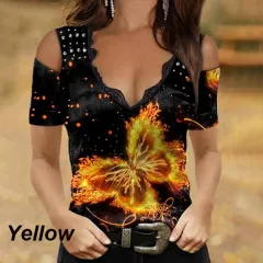 V-neck Lace Printed Short Sleeve Strappy T-shirt - Yellow - View 1