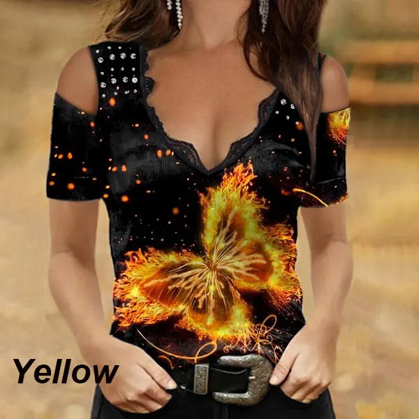 V neck Lace Printed Short Sleeve Strappy T shirt Yellow - Shop at LoveMi