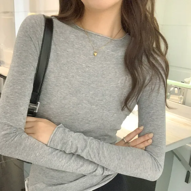 Pure Color All matching Long Sleeve New Slim fit Slimming Bottoming Shirt Gray - Shop at LoveMi
