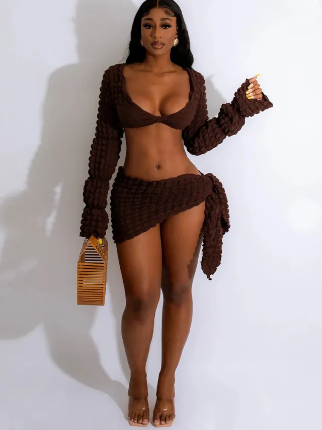 Women's Long sleeved V neck Top Slim fit Sheath Skirt Suit Brown - Shop at LoveMi