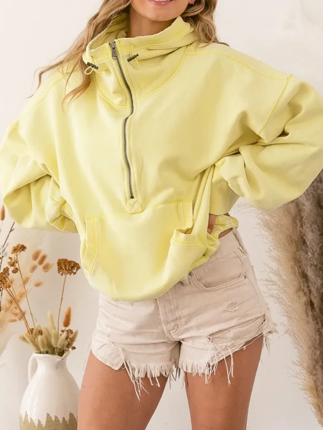 Zip up Hoodie Sports Hoodie Solid color Pullover Top Yellow - Shop at LoveMi