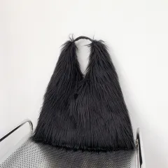 Water Wool One-shoulder Tote Plush Bag - Black - View 1
