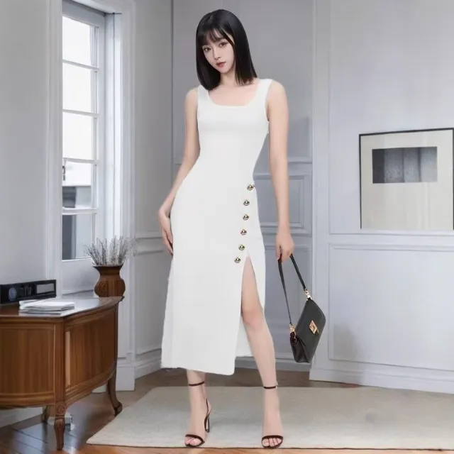 Women's Solid Color Square Neck Front Button Slit Dress White - Shop at LoveMi