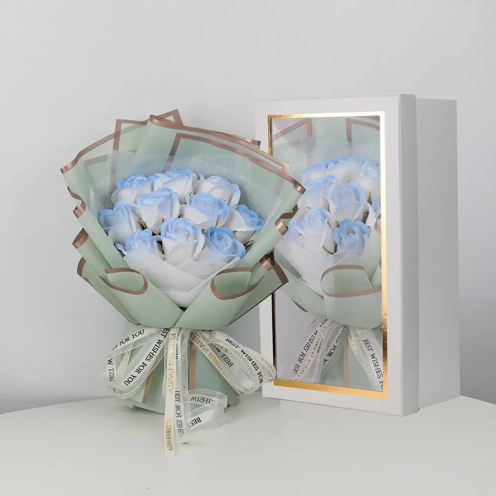 Valentine's Day Ice Crushing Blue Rose Flower Soap Bouquet Gift Box