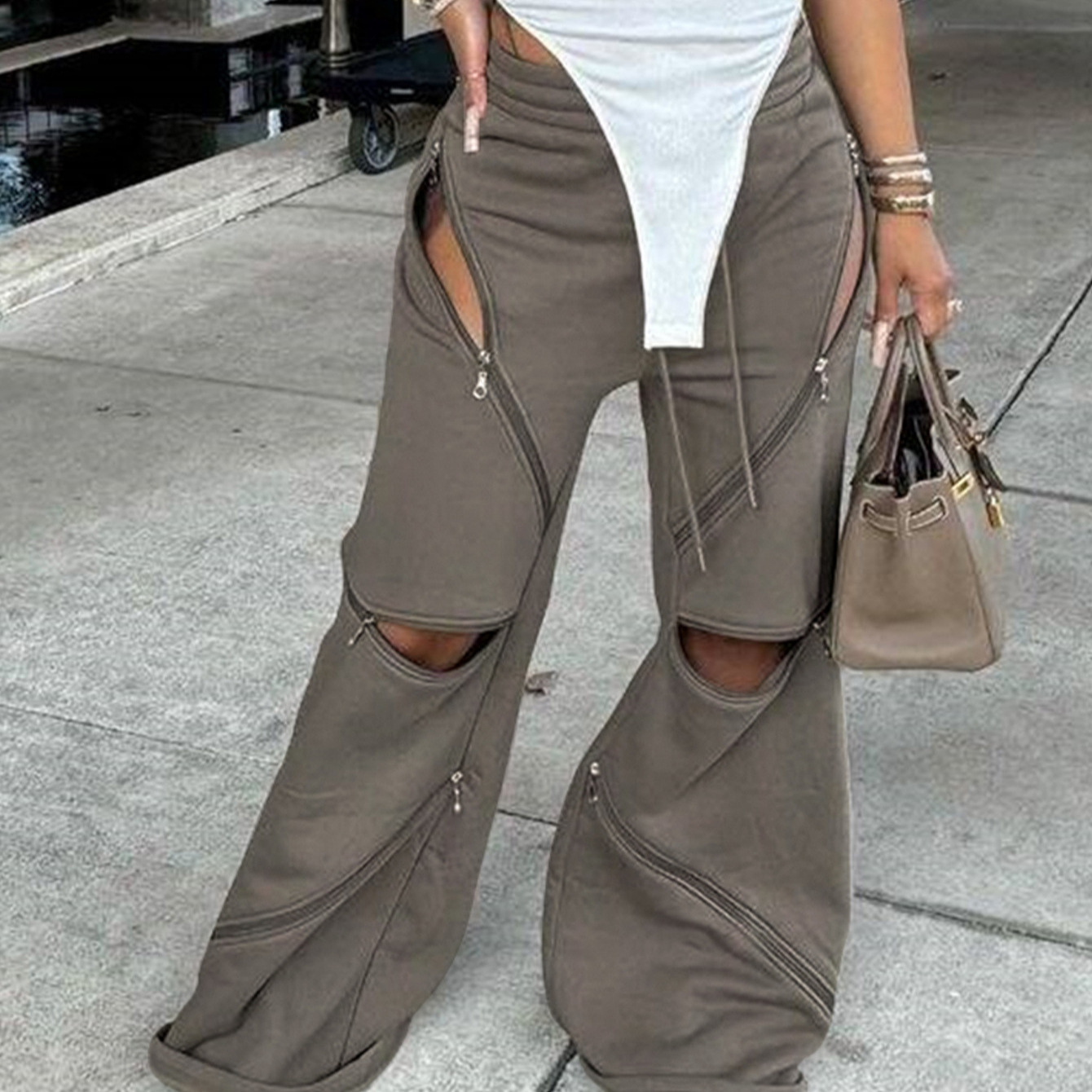 Fashionable Patchwork Wide-leg Flared Pants With Multiple Zippers