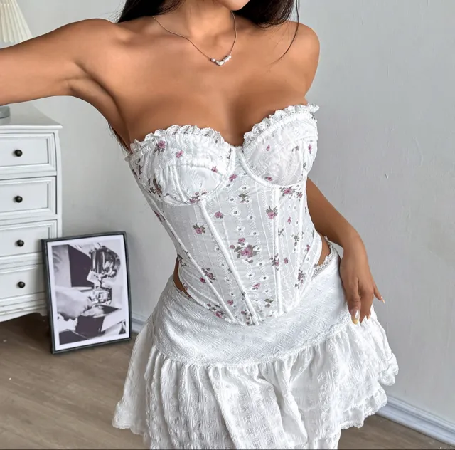Womens Floral Lace Trim Underwire Fishbone Hollow Out Lace Up Tube Top White - Shop at LoveMi