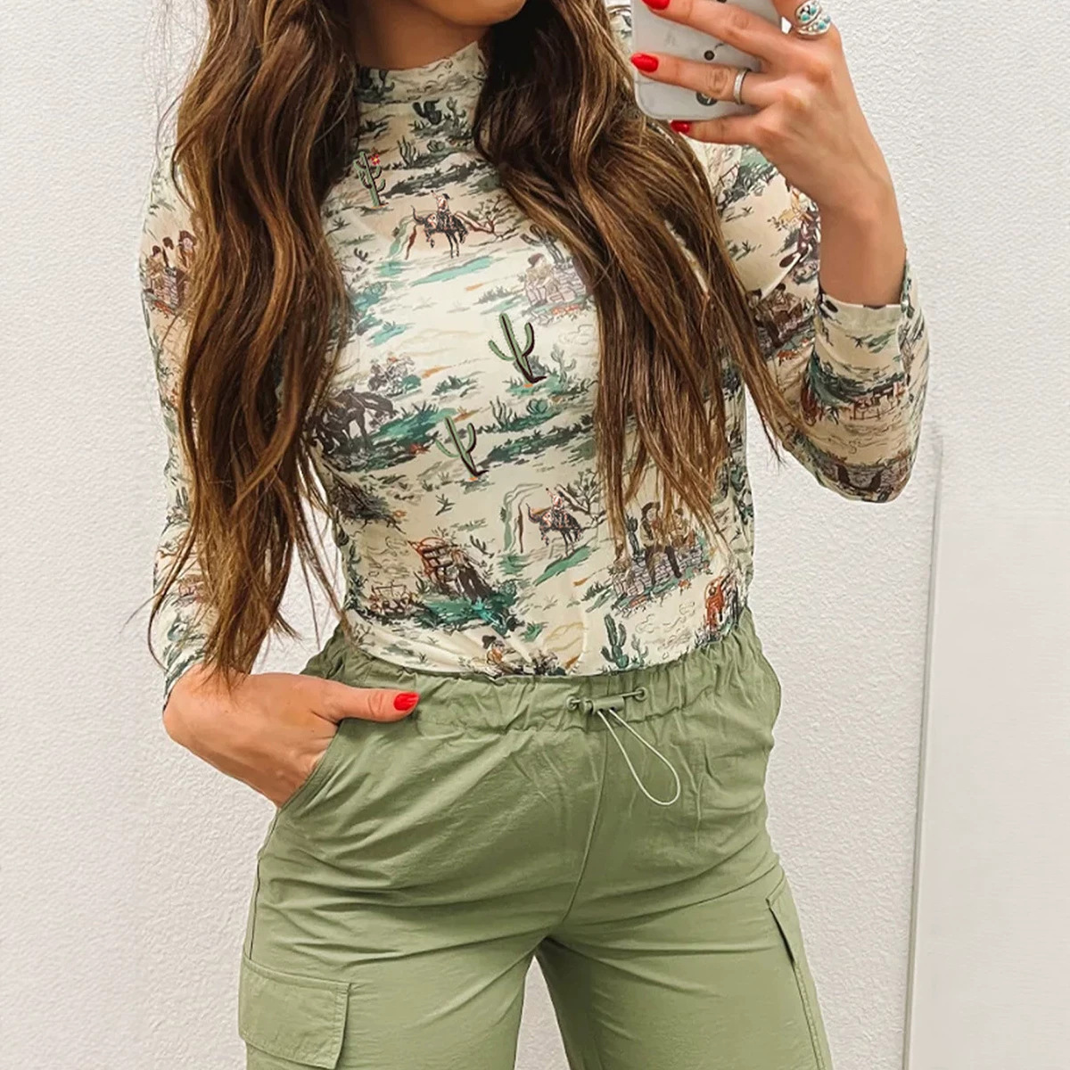 Round-neck Long-sleeved Western-print Slim-fit Top