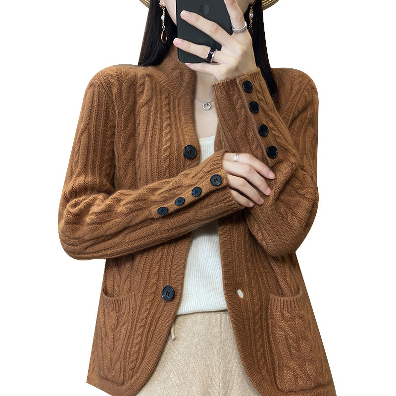 Pure Wool Cardigan Women's Stand Collar Outer Sweater Loose Knitted Coat