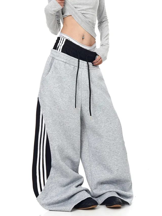 Womens Retro Korean Style Mock Two Piece Striped Patchwork Cropped Pants Gray - Shop at LoveMi