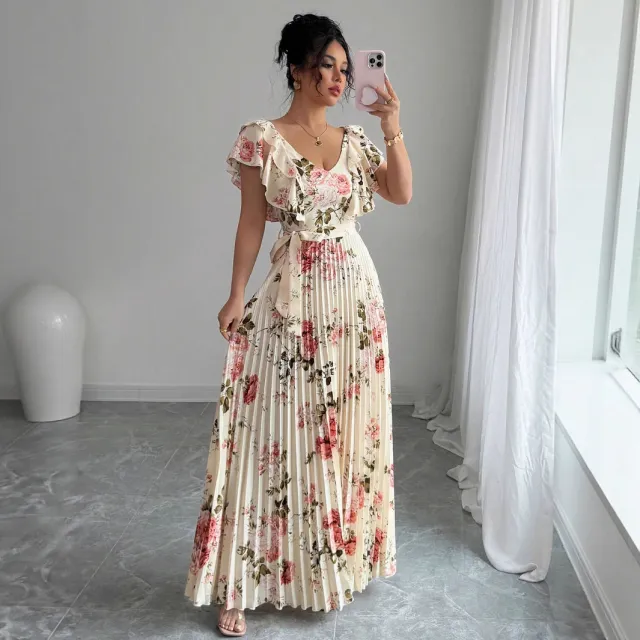 V neck Digital Floral Print Ruffles Dress Floral - Shop at LoveMi