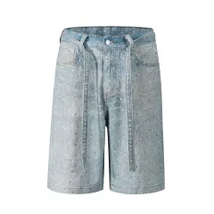 Ins Style Washed Rhinestone Belt Belt Denim Shorts - Blue - View 1