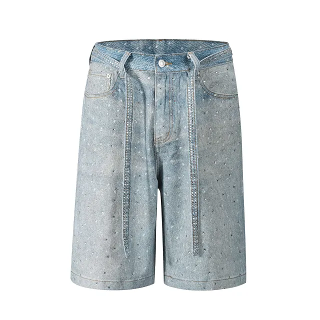 Ins Style Washed Rhinestone Belt Belt Denim Shorts Blue - Shop at LoveMi
