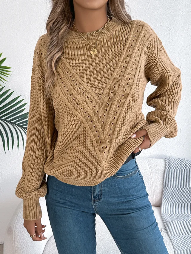 V shaped Hollow out Lantern Sleeve Pullover Khaki - Shop at LoveMi