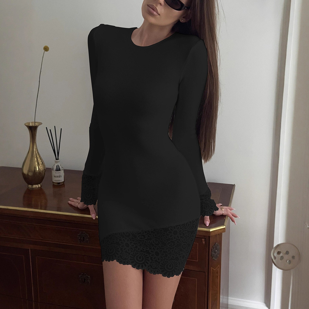 Knitted Solid Color Sexy Temperament Lace Trim Slim Dress Black - Shop at LoveMi