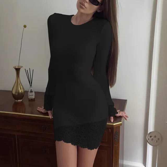 Knitted Solid Color Sexy Temperament Lace Trim Slim Dress Black - Shop at LoveMi