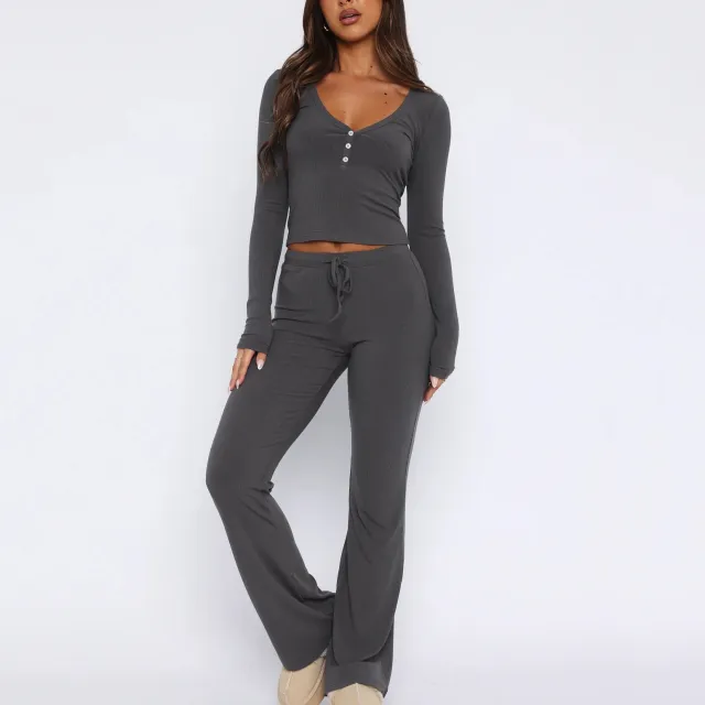 Women's Solid Color Rest Long Sleeve With Button Top And Trousers Dark Gray - Shop at LoveMi